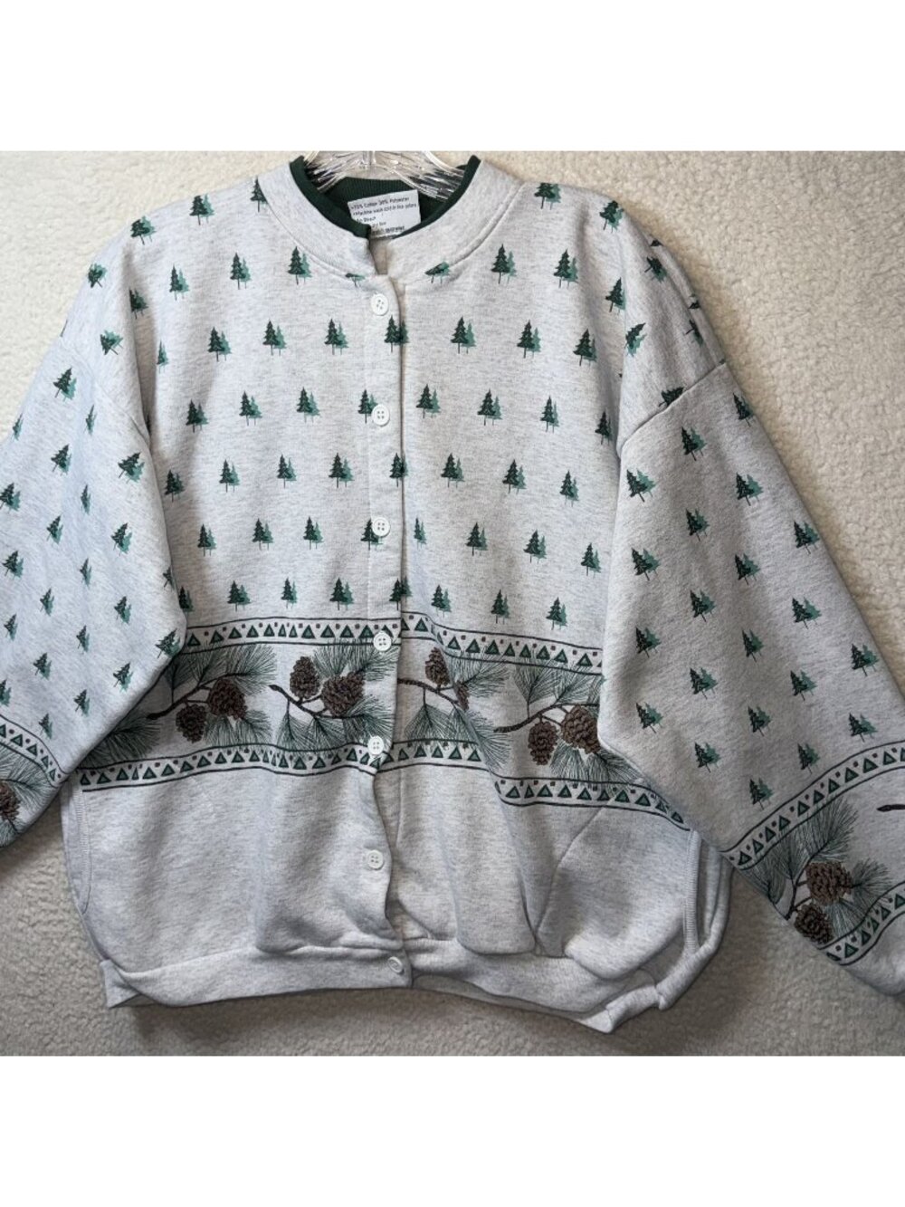 Vintage Pine Tree & Pinecone Button-Up Sweatshirt Gray  Green USA Large